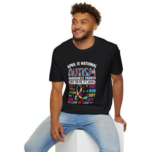 Adult Autism Awareness T-Shirt — "April Is National Autism Awareness Month (But For Me It's Also...)" Colorful Puzzle Ribbon Tee