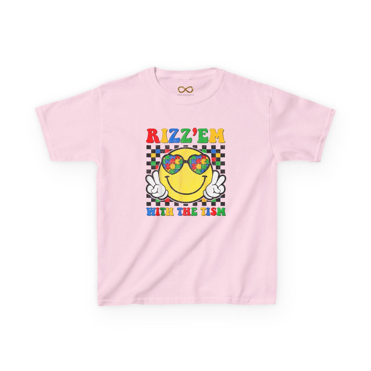 Kids T‑Shirt — "Rizz'em With The Fish" Smiley Sunglasses Retro Checkerboard