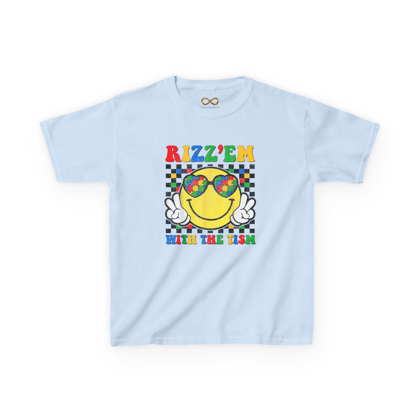 Kids T‑Shirt — "Rizz'em With The Fish" Smiley Sunglasses Retro Checkerboard