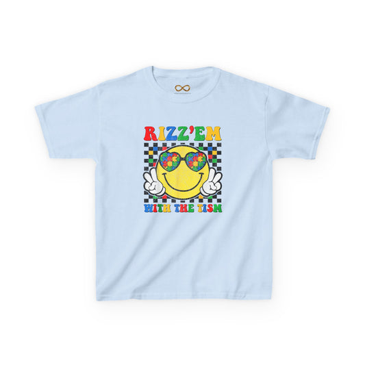 Kids T‑Shirt — "Rizz'em With The Fish" Smiley Sunglasses Retro Checkerboard