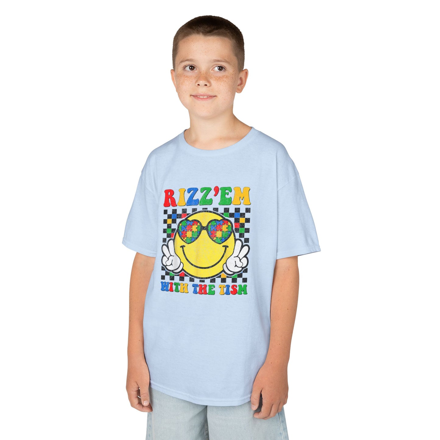 Kids T‑Shirt — "Rizz'em With The Fish" Smiley Sunglasses Retro Checkerboard