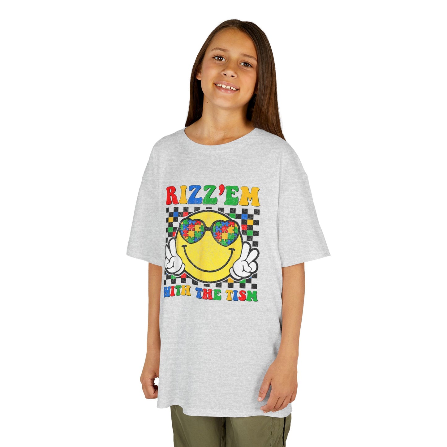 Kids T‑Shirt — "Rizz'em With The Fish" Smiley Sunglasses Retro Checkerboard