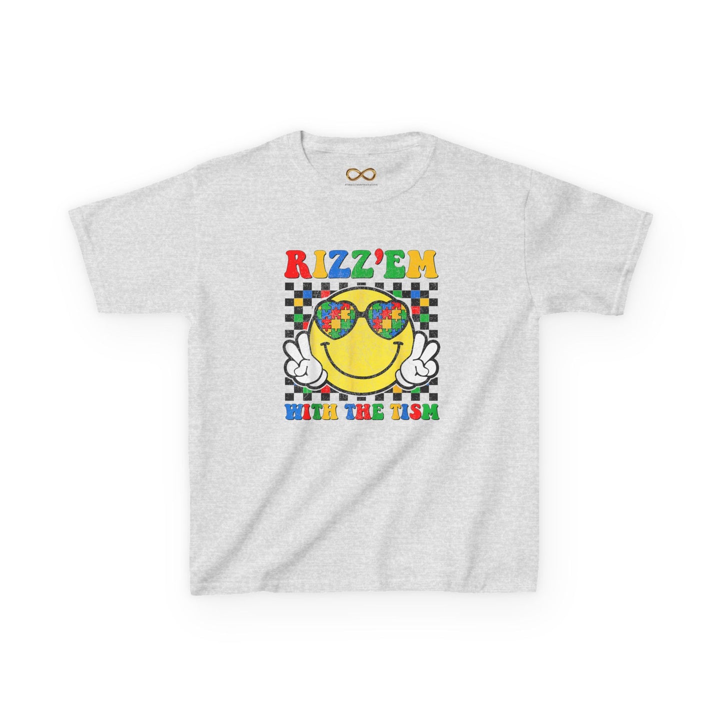 Kids T‑Shirt — "Rizz'em With The Fish" Smiley Sunglasses Retro Checkerboard