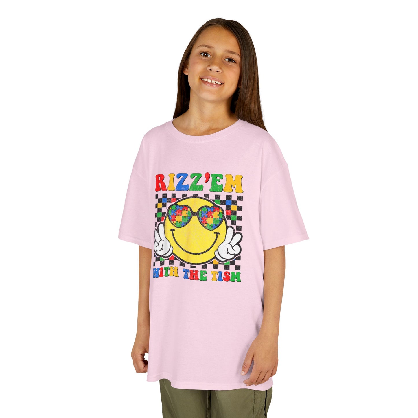 Kids T‑Shirt — "Rizz'em With The Fish" Smiley Sunglasses Retro Checkerboard