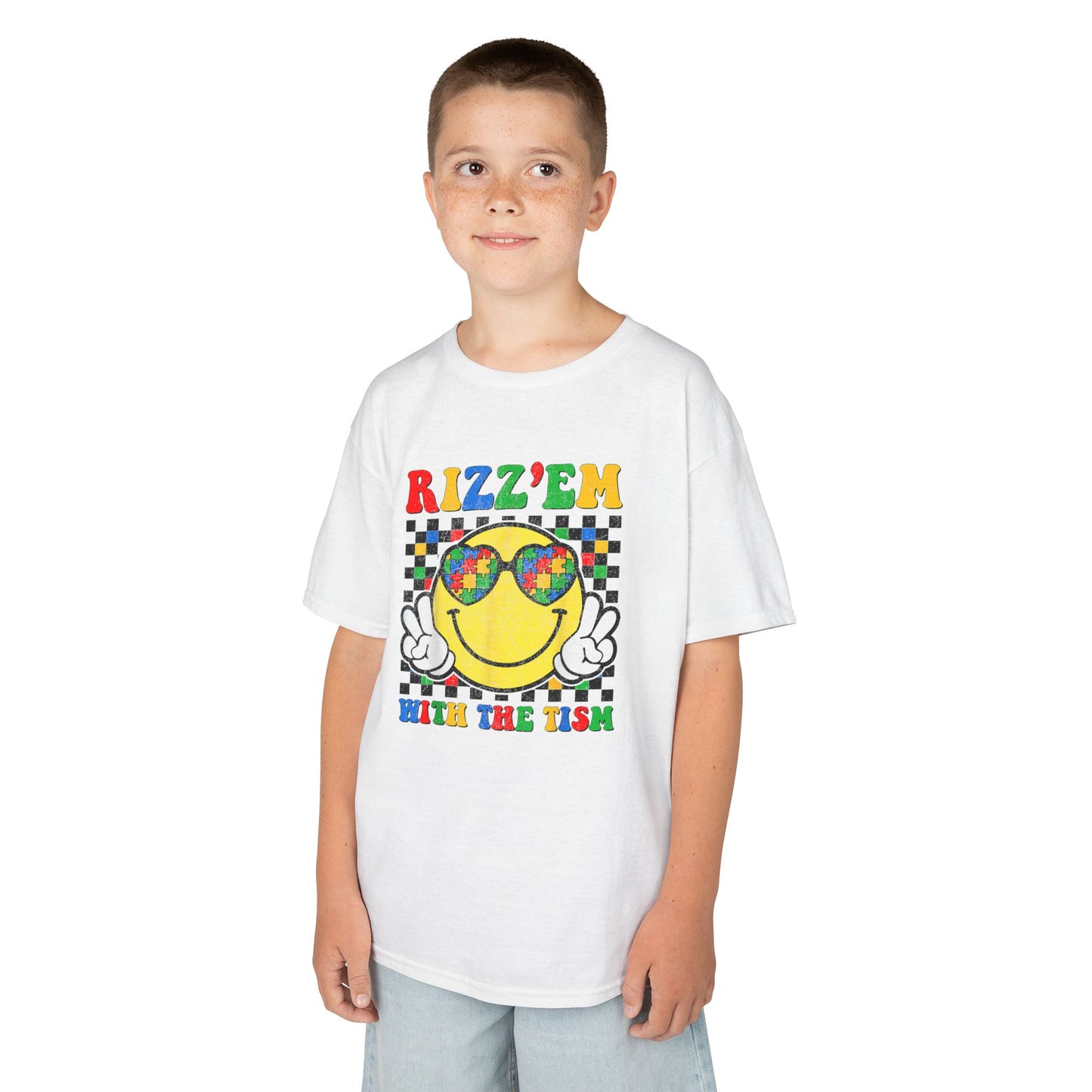 Kids T‑Shirt — "Rizz'em With The Fish" Smiley Sunglasses Retro Checkerboard