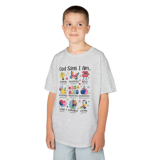 Kids Tee — “God Says I Am” Inspirational Christian Kids T‑Shirt
