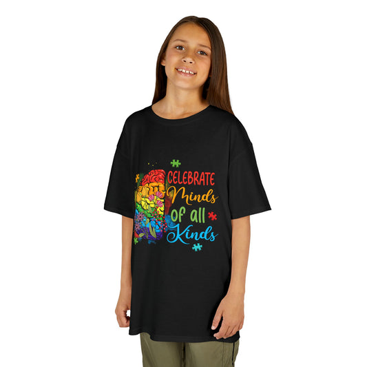 Kids T-Shirt - "Celebrate Minds of All Kinds" Autism Awareness Rainbow Puzzle Tee