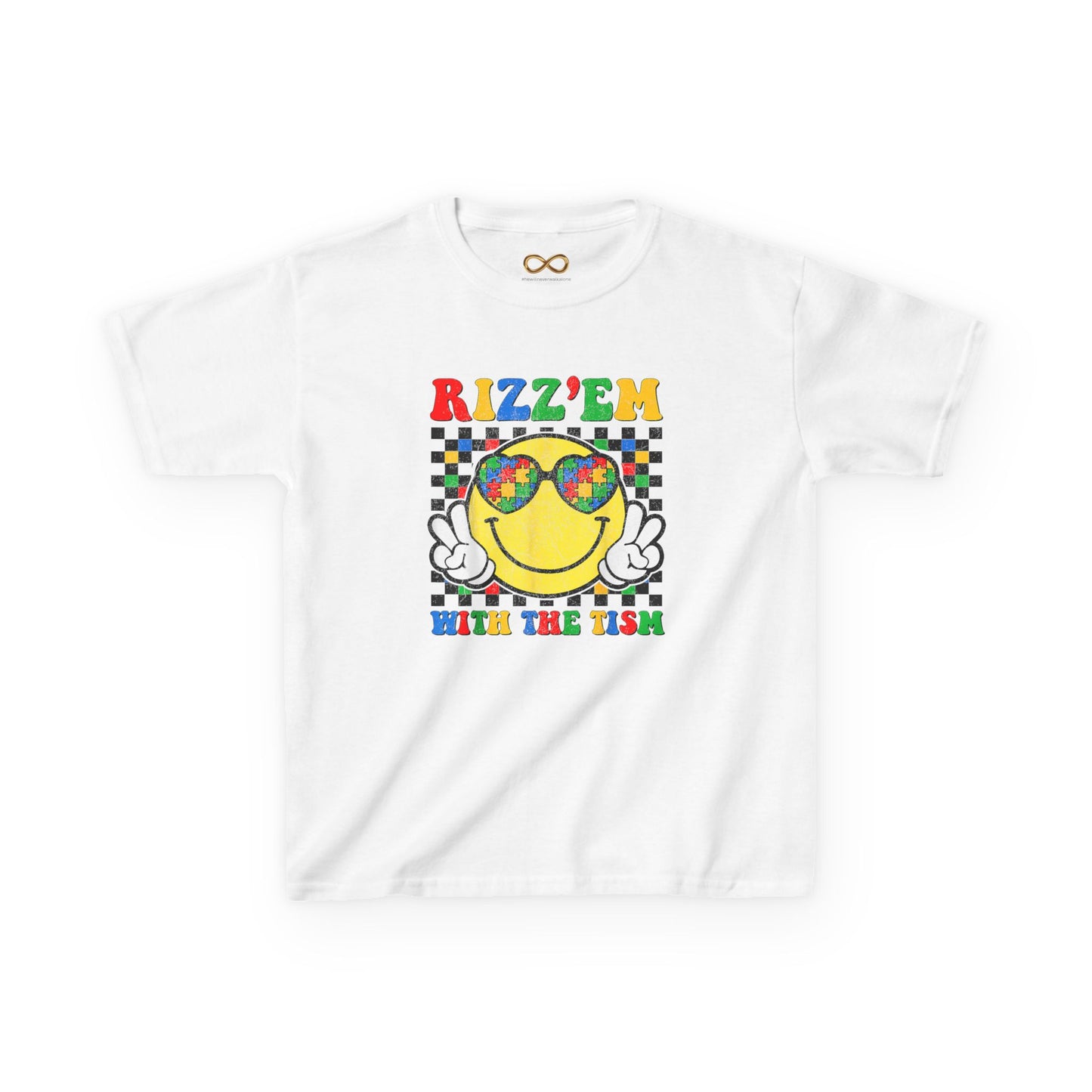 Kids T‑Shirt — "Rizz'em With The Fish" Smiley Sunglasses Retro Checkerboard